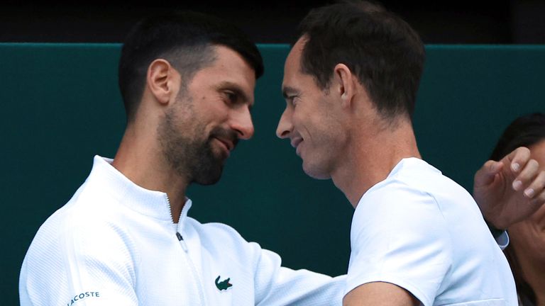 Andy Murray of United Kingdom is celebrated by Novak Djokovic of Serbia following the Men's Doubles First Round match against Rinky Hijikata and John Peers of Australia on the day 4 of the Wimbledon tennis championships at the All England Lawn Tennis and Croquet Club in London on July 4, 2024. ( The Yomiuri Shimbun via AP Images ) 