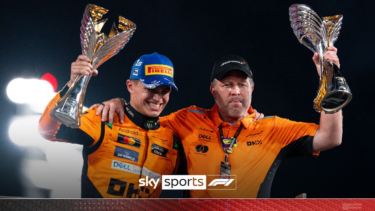 December 8, 2024, Abu Dhabi, United Arab Emirates: British driver LANDO NORRIS (McLaren F1 Team) and ZAK BROWN (McLaren Executive Director) celebrate on the podium after Norris won the Abu Dhabi Grand Prix, securing the Formula One Constructor&#39;s Championship for McLaren, at Yas Marina Circuit.