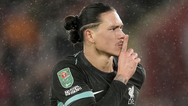 Liverpool's Darwin Nunez celebrates after scoring the opening goal during the Carabao Cup quarter-final at Southampton