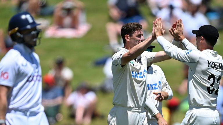 New Zealand's Matt Henry celebrates the wicket England's Ollie Pope