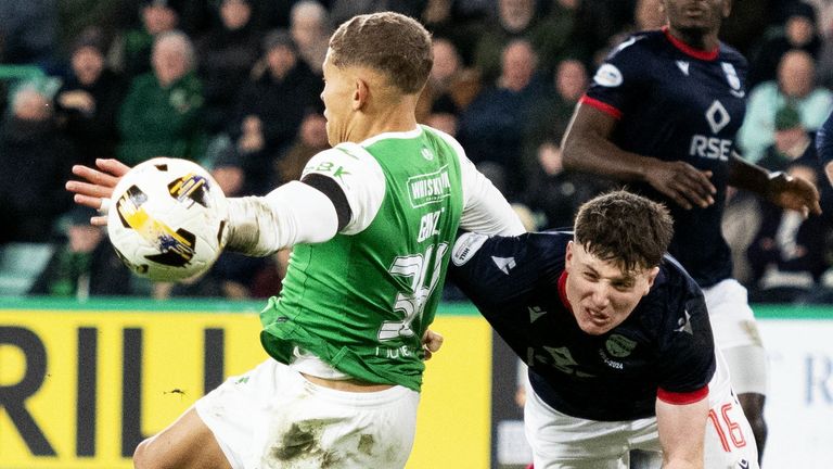 EDINBURGH, SCOTLAND - DECEMBER 14: Ross County's George Harmon brings down Dwight Gayle in the box and a penalty is awarded during a William Hill Premiership match between Hibernian and Ross County at Easter Road, on December 14, 2024, in Edinburgh, Scotland. (Photo by Paul Devlin / SNS Group)