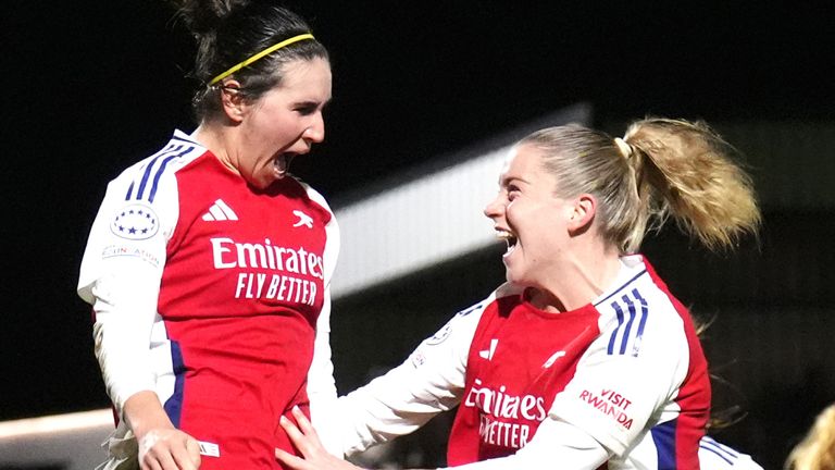 Arsenal's Mariona Caldentey (left) celebrates scoring their late winner with Alessia Russo