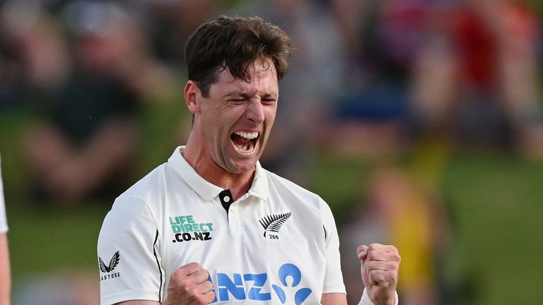 New Zealand's Matt Henry celebrates the wicket of England's Zak Crawley