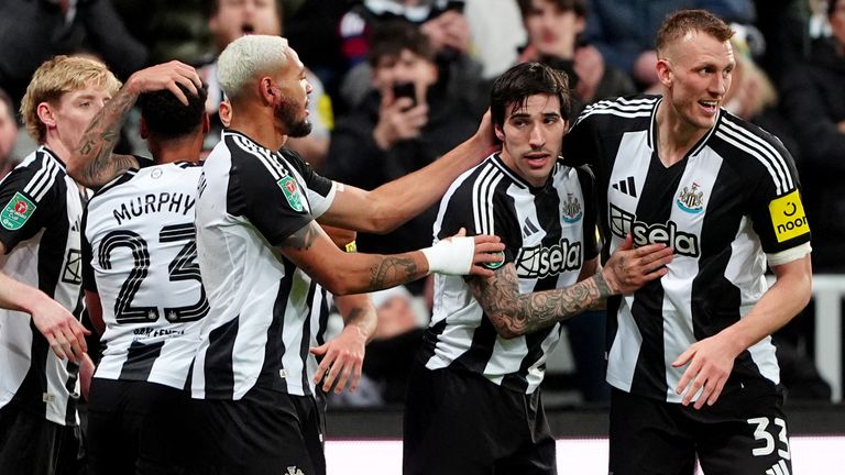 Newcastle United's Sandro Tonali celebrates scoring his second goal against Brentford