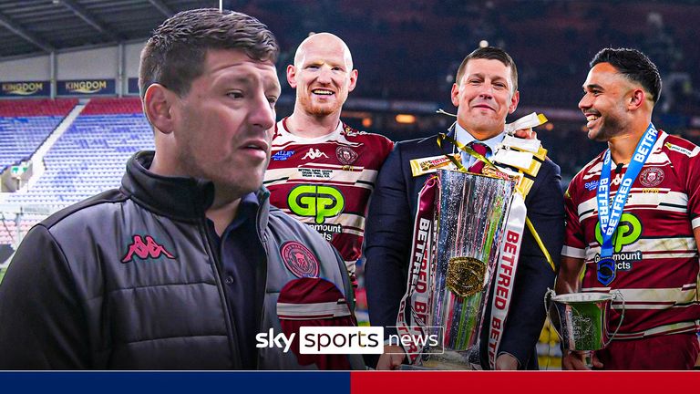 Wigan Warriors' Liam Farrell, head coach Matt Peet and Bevan French celebrate with the trophy following the Betfred Super League Grand Final match at Old Trafford, Manchester. Picture date: Saturday October 12, 2024.