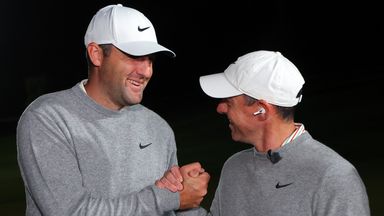 Scottie Scheffler and Rory McIlroy celebrate after winning The Showdown at Shadow Creek Golf Course