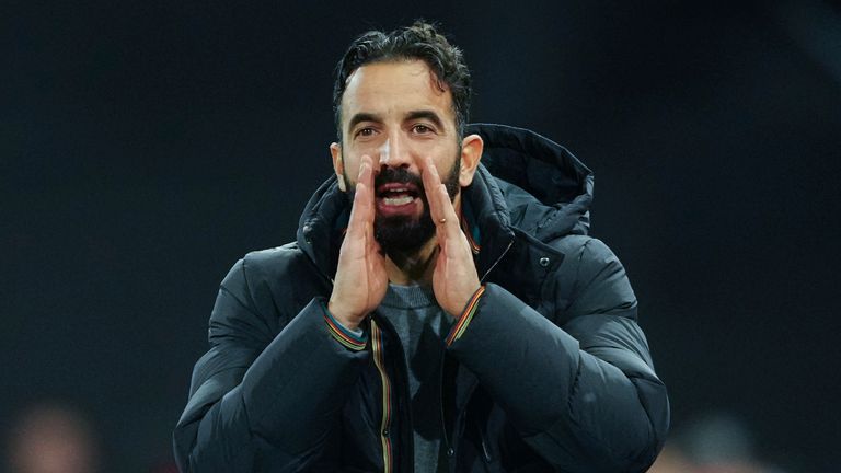 New Manchester United head coach Ruben Amorim shouts instructions from the touchline at Portman Road (AP Photo/Dave Shopland)